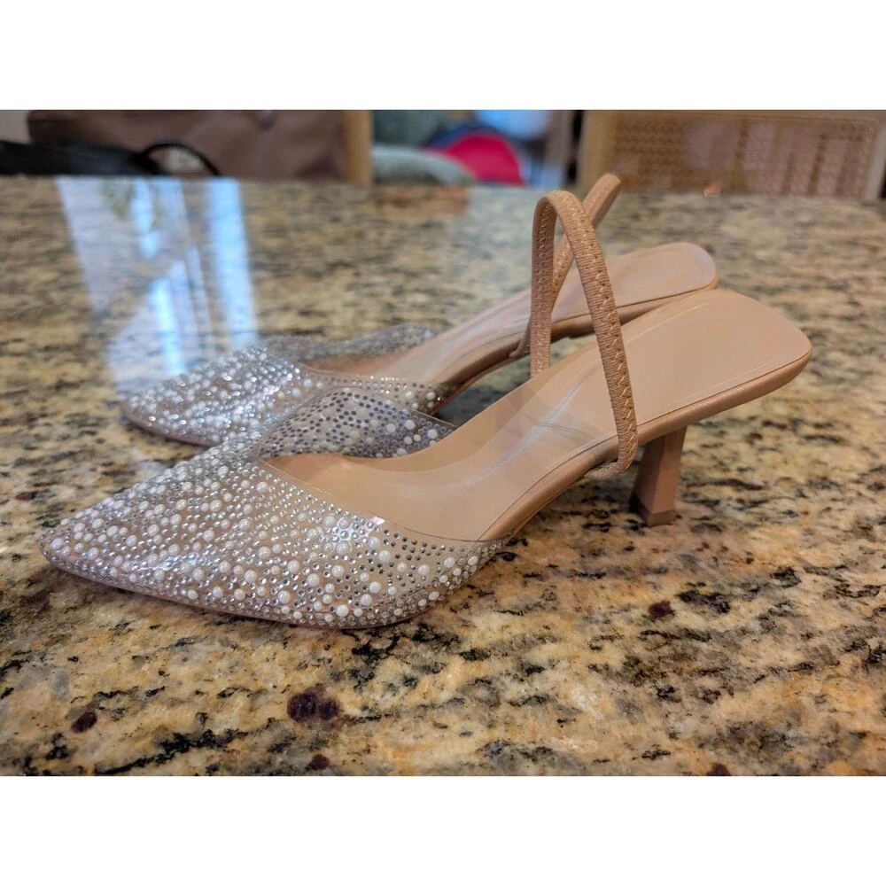 BAISOILIHA Women's Clear Slingback Heels Size 37 Pearl Rhinestone Stiletto